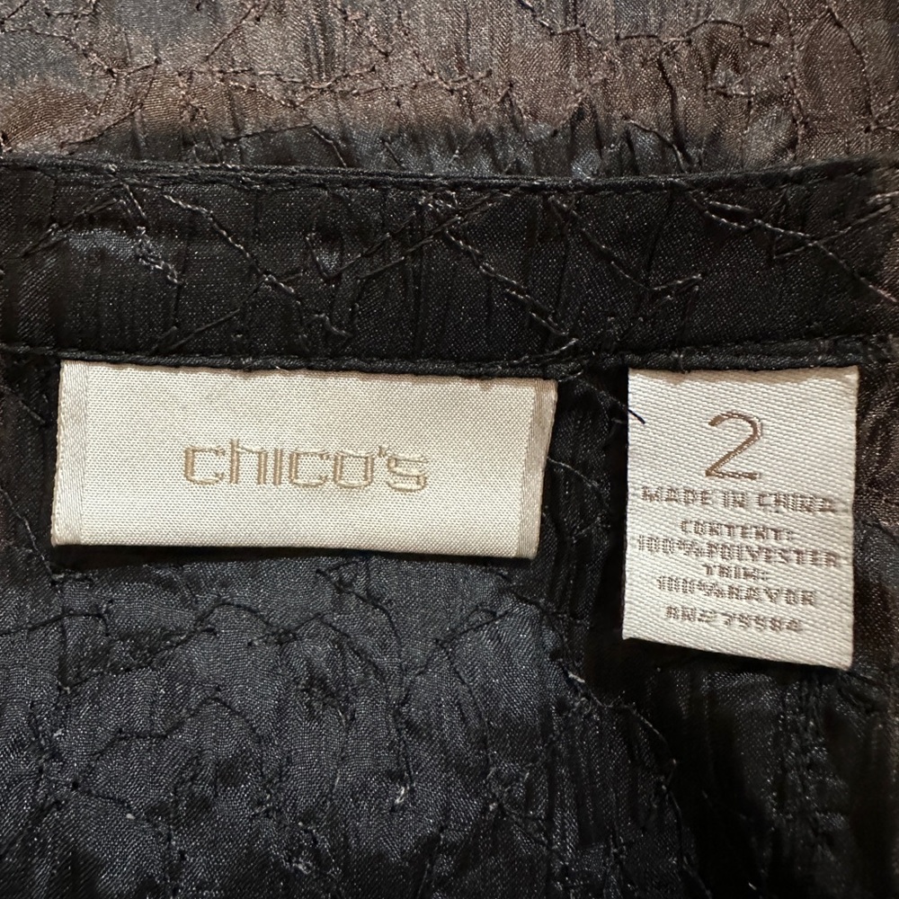 Chico's Black Tunic Length 3/4 Sleeve Crinkly Button Down Satin Blouse 2 Medium - Picture 15 of 16